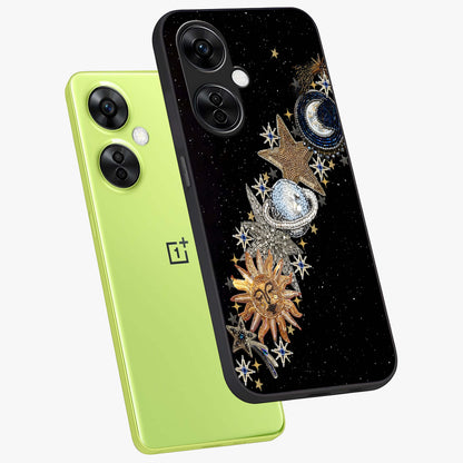 Pearls Universe Object Glass Case for 1+Nord CE 3 Lite angled mockup showcasing glossy finish and luminous celestial tones