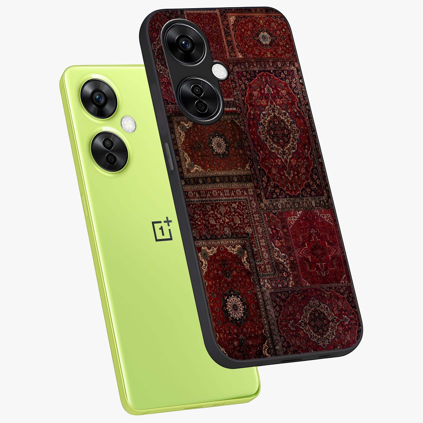 Persian Velvet Tale Glass Case for 1+Nord CE 3 Lite angled mockup showcasing glossy finish and rich deep tones