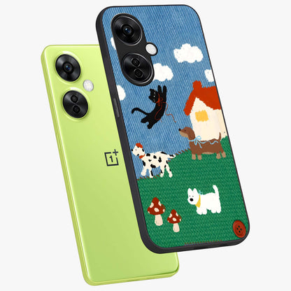 Pet Adventures Glass Case for 1+Nord CE 3 Lite angled mockup showcasing glossy finish and vibrant cartoon tones
