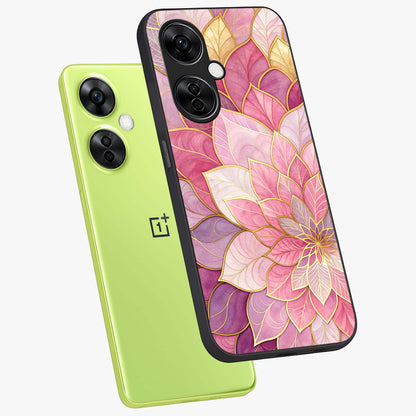 Petal Luxe Bloom Glass Case for 1+Nord CE 3 Lite angled mockup showcasing glossy finish and vibrant bloom accents