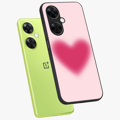 Pink Aura Heart Glass Case for 1+Nord CE 3 Lite angled mockup showcasing glossy glass finish and radiant aura detailing