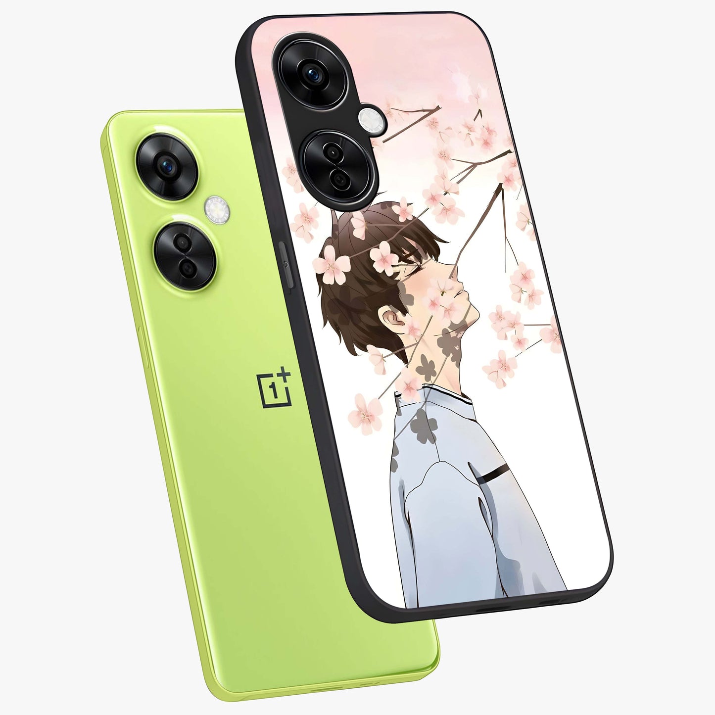 Pink Blossom Boy Glass Case for 1+Nord CE 3 Lite angled mockup showcasing glossy finish and soft bloom tones
