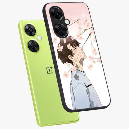 Pink Blossom Boy Glass Case for 1+Nord CE 3 Lite angled mockup showcasing glossy finish and soft bloom tones