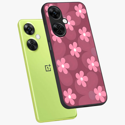 Pink Daisy Flower Pattern Glass Case for 1+Nord CE 3 Lite angled mockup showcasing glossy finish and playful bloom detailing