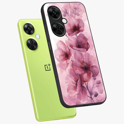 Pink Floral Glass Case for 1+Nord CE 3 Lite angled mockup showcasing glossy finish and delicate bloom detailing