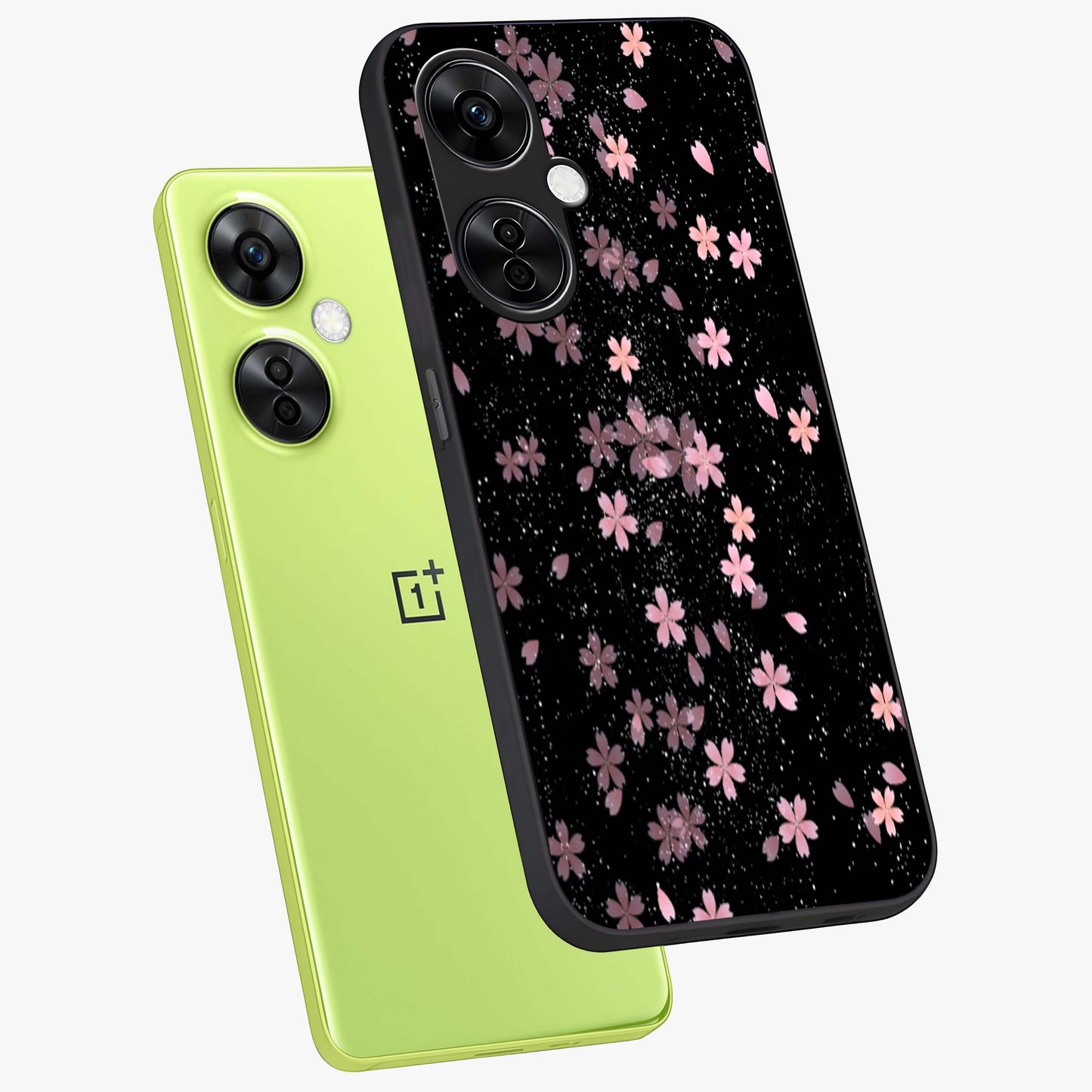 Pink Flower Black Background Glass Case for 1+Nord CE 3 Lite angled mockup showcasing glossy finish and bold contrast tones