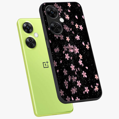 Pink Flower Black Background Glass Case for 1+Nord CE 3 Lite angled mockup showcasing glossy finish and bold contrast tones