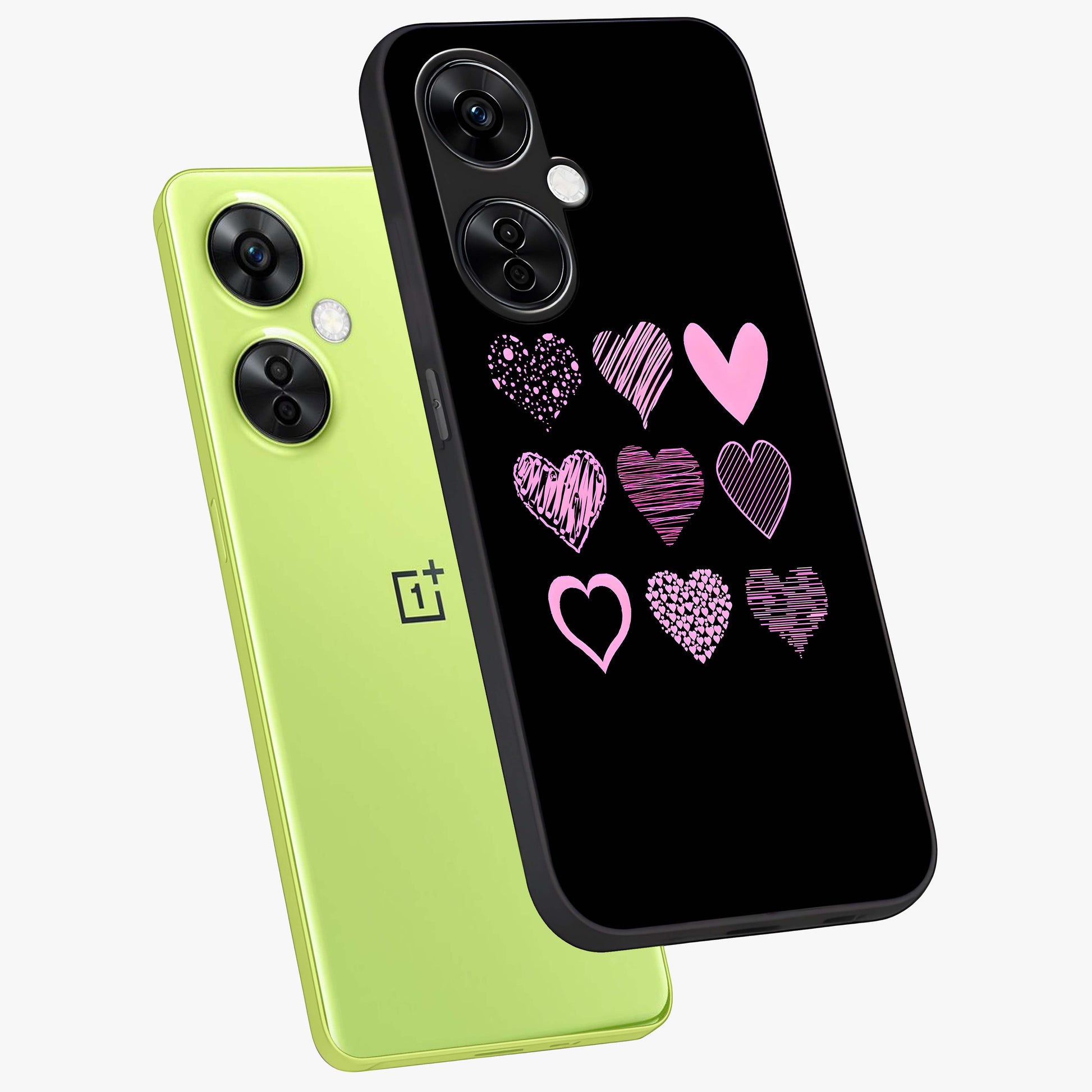 Pink Heart Aesthetic Glass Case for 1+Nord CE 3 Lite angled mockup showcasing glossy finish and pastel romantic detailing