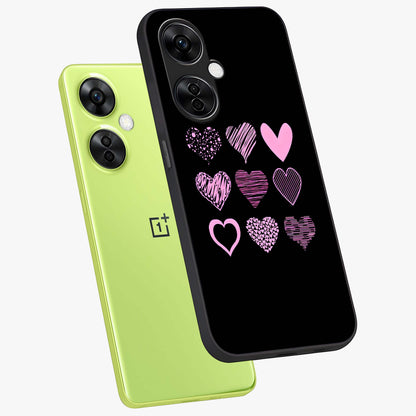 Pink Heart Aesthetic Glass Case for 1+Nord CE 3 Lite angled mockup showcasing glossy finish and pastel romantic detailing