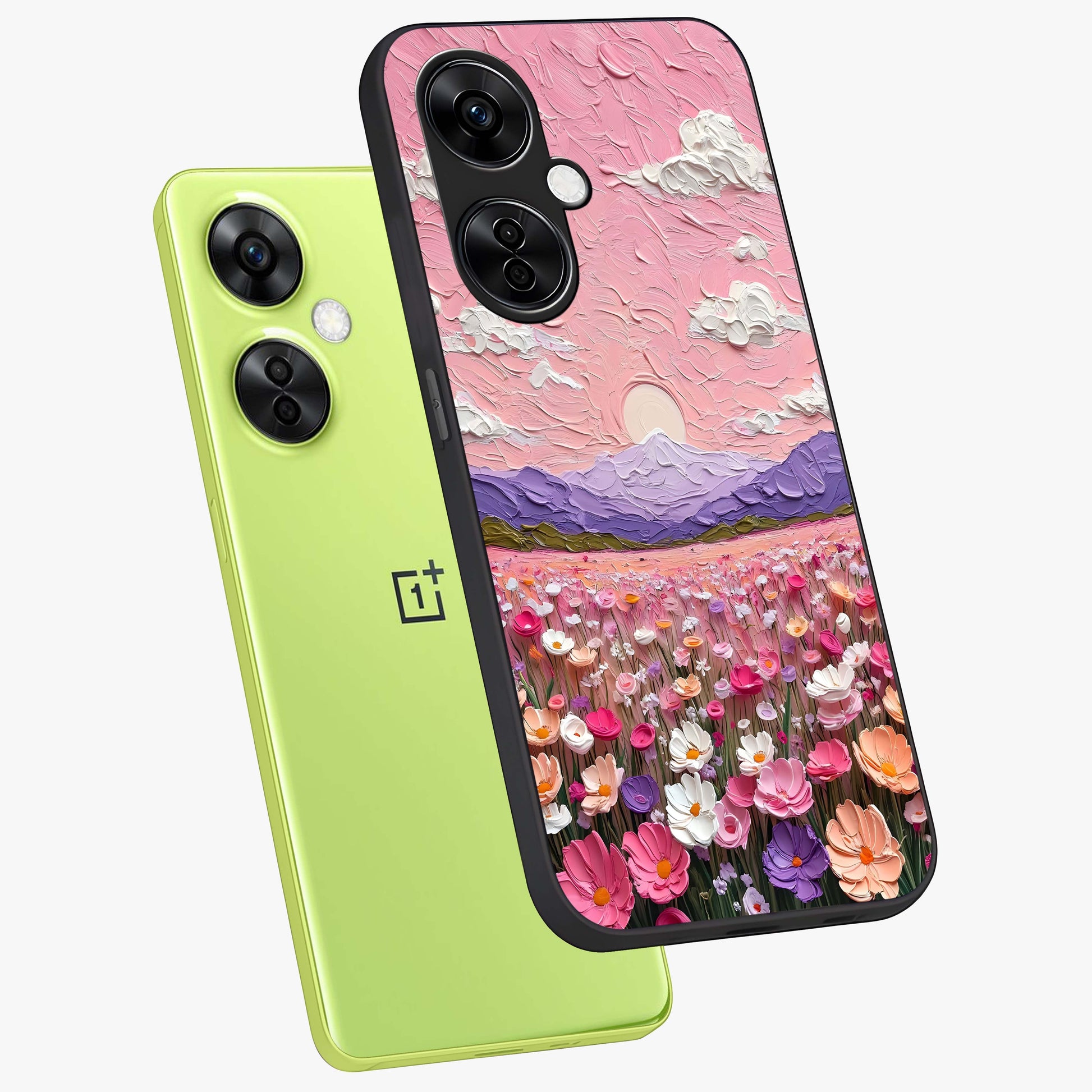 Pink Pastel Groovy Art Glass Case for 1+Nord CE 3 Lite angled mockup showcasing glossy finish and vibrant abstract detailing
