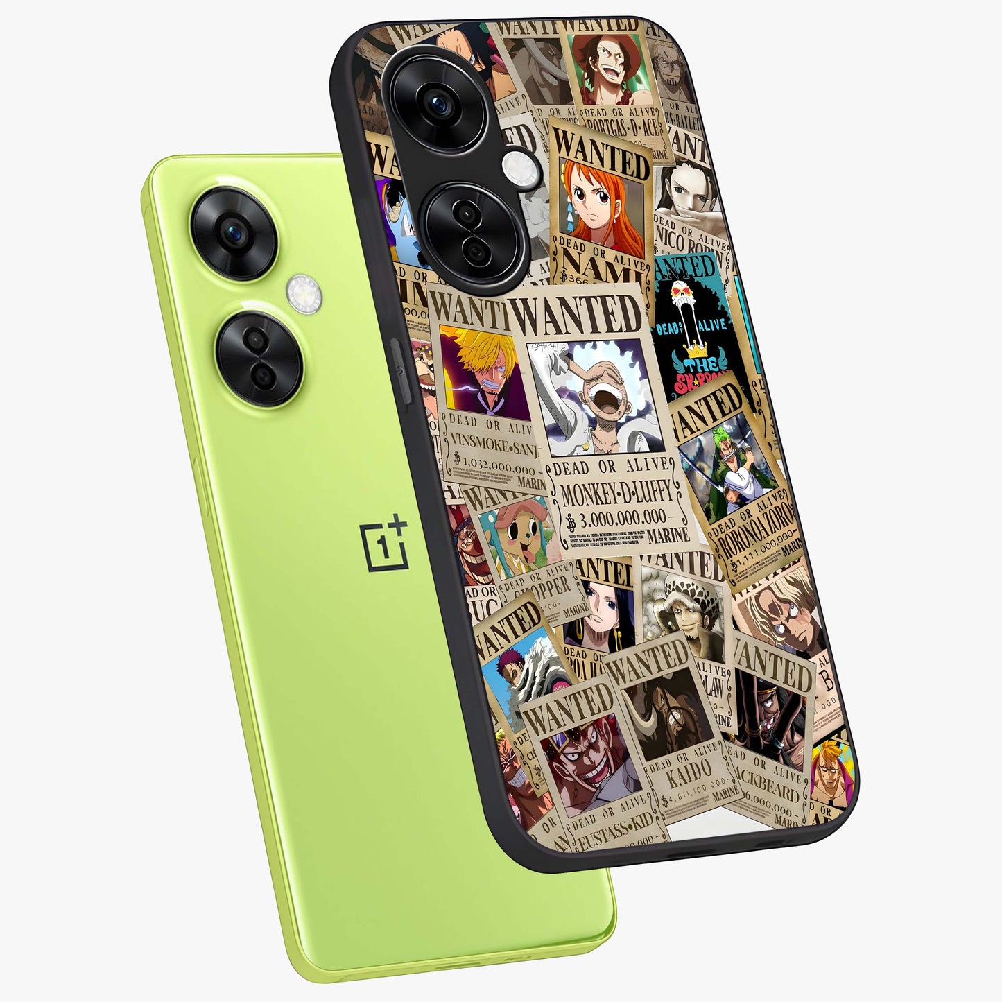 Pirate Wanted Legends Glass Case for 1+Nord CE 3 Lite angled mockup showcasing glossy glass finish and dramatic vintage tones