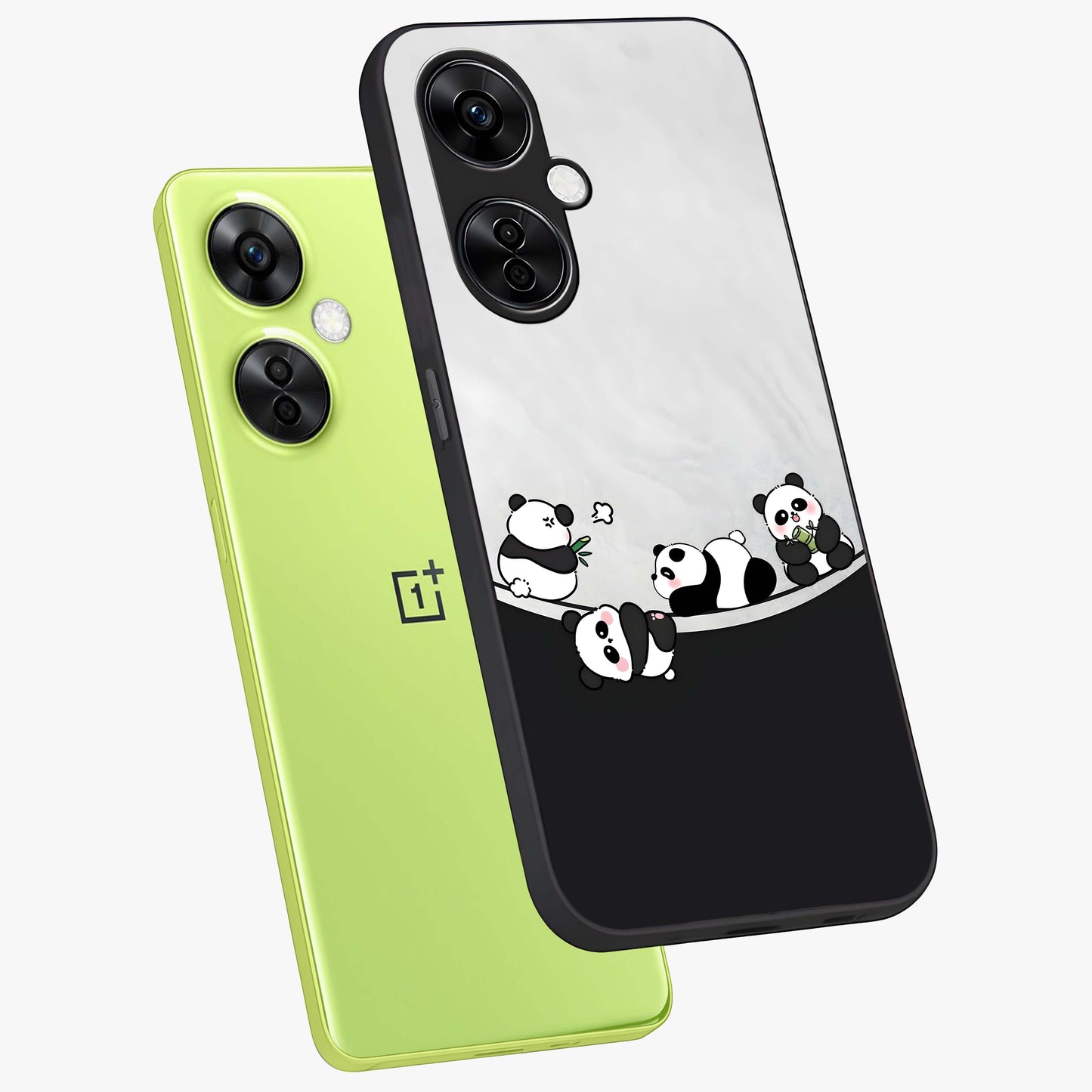 Playful Panda Parade Glass Case for 1+Nord CE 3 Lite angled mockup showcasing glossy finish and soft pastel tones