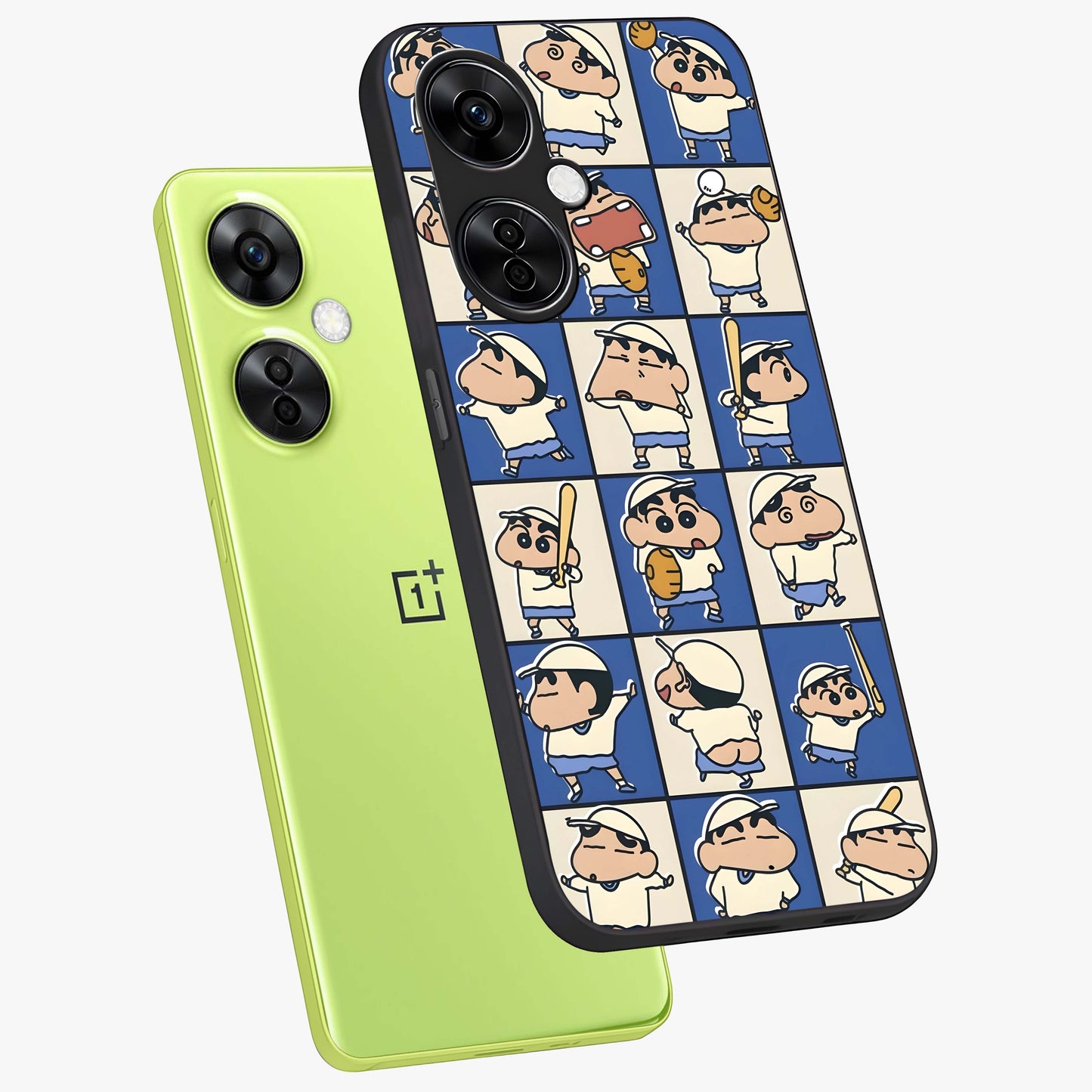 Playful Shin Swing Glass Case for 1+Nord CE 3 Lite angled mockup showcasing glossy finish and vibrant cartoon detailing