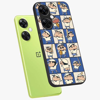 Playful Shin Swing Glass Case for 1+Nord CE 3 Lite angled mockup showcasing glossy finish and vibrant cartoon detailing