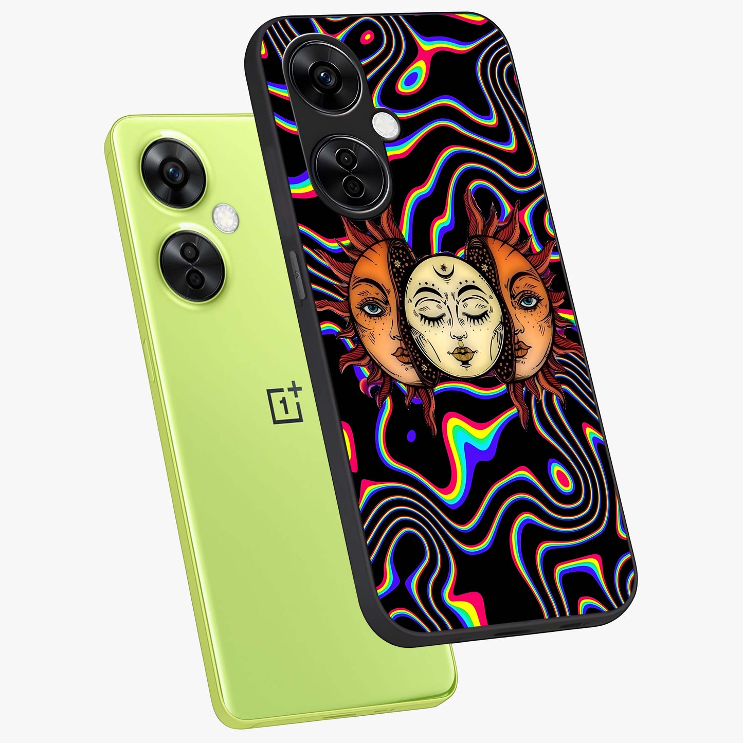 Psychedelic Sun Glass Case for 1+Nord CE 3 Lite angled mockup showcasing glossy finish and bold abstract detailing