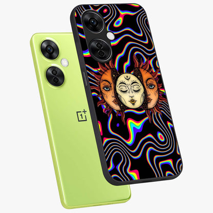 Psychedelic Sun Glass Case for 1+Nord CE 3 Lite angled mockup showcasing glossy finish and bold abstract detailing