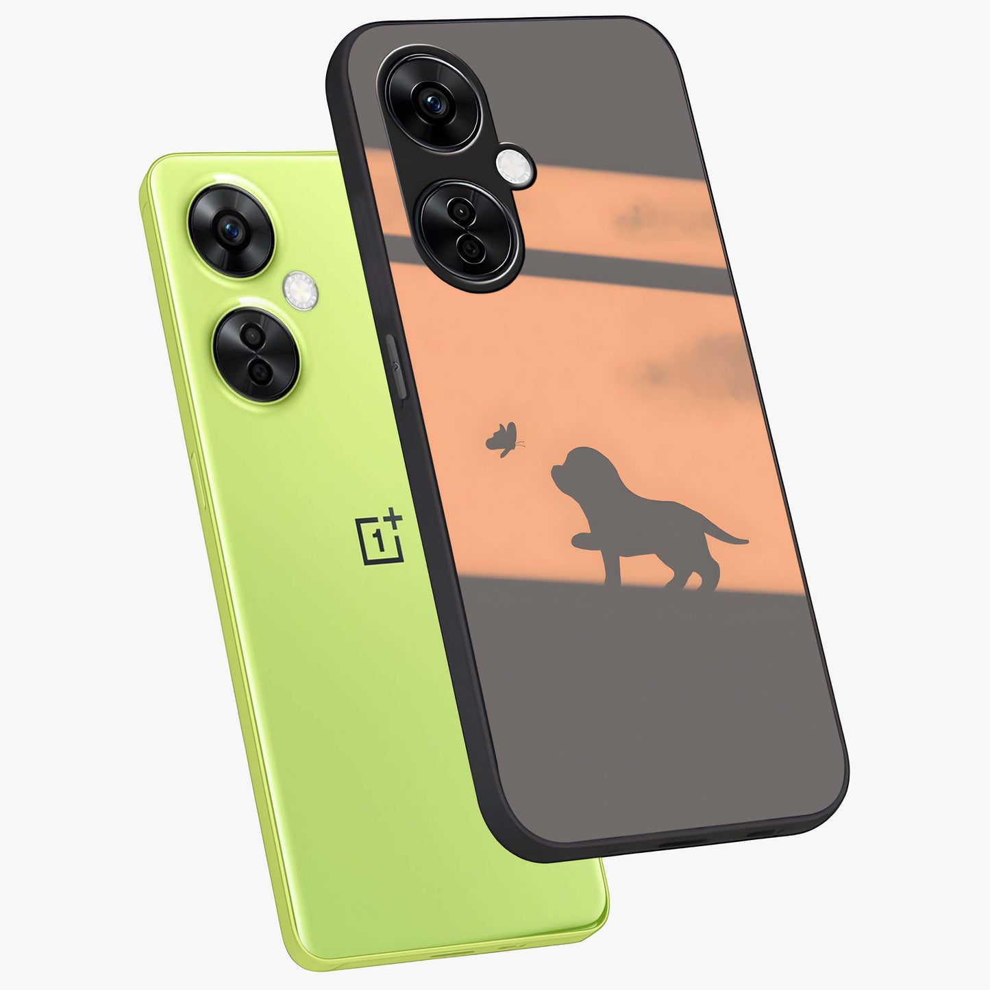 Puppy Shadow Art Glass Case for 1+Nord CE 3 Lite angled mockup showcasing glossy finish and soft shadow detailing