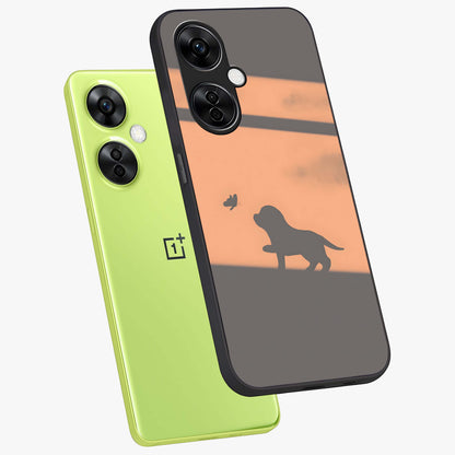 Puppy Shadow Art Glass Case for 1+Nord CE 3 Lite angled mockup showcasing glossy finish and soft shadow detailing