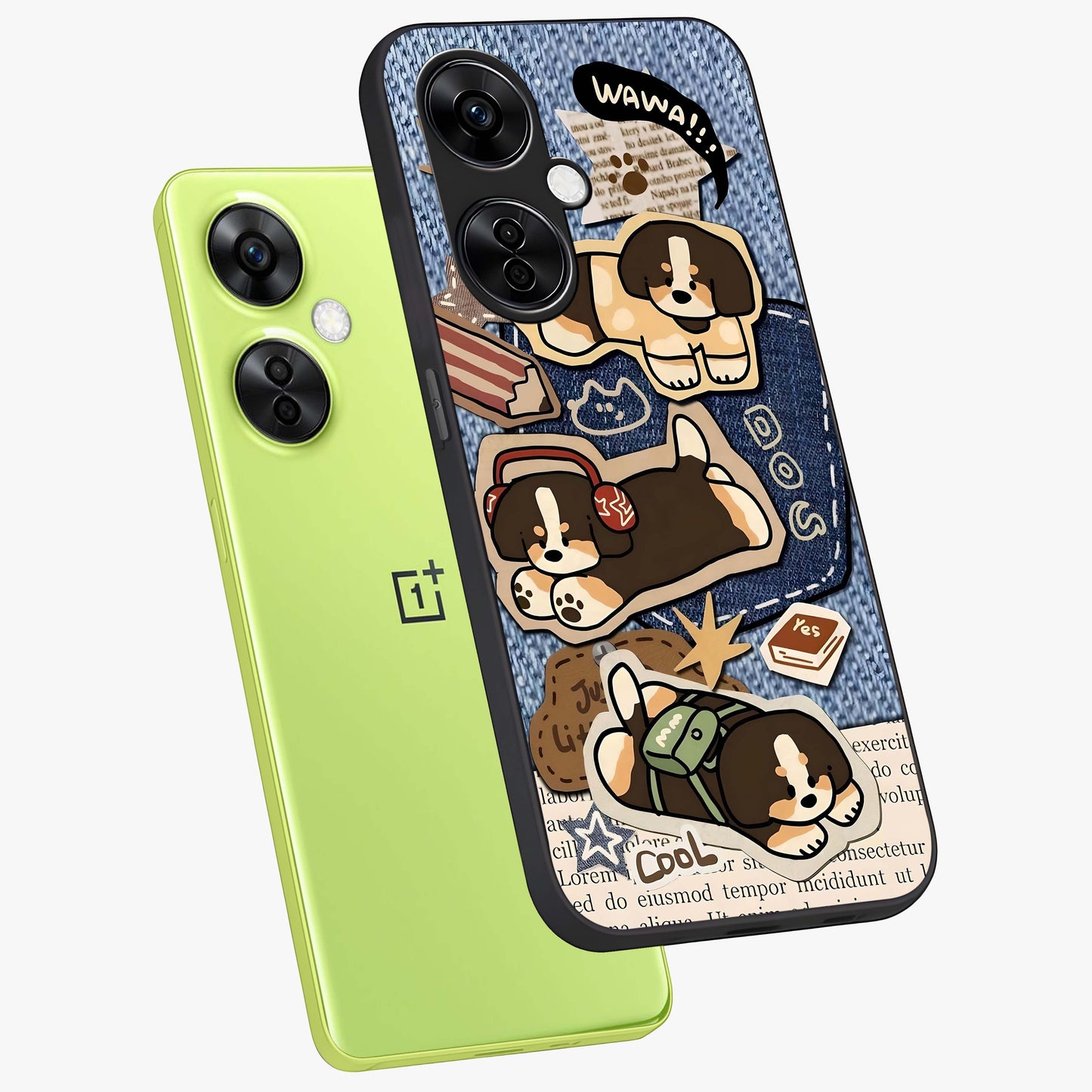 Puppy Sticker Parade Glass Case for 1+Nord CE 3 Lite angled mockup showcasing glossy finish and colorful cartoon detailing