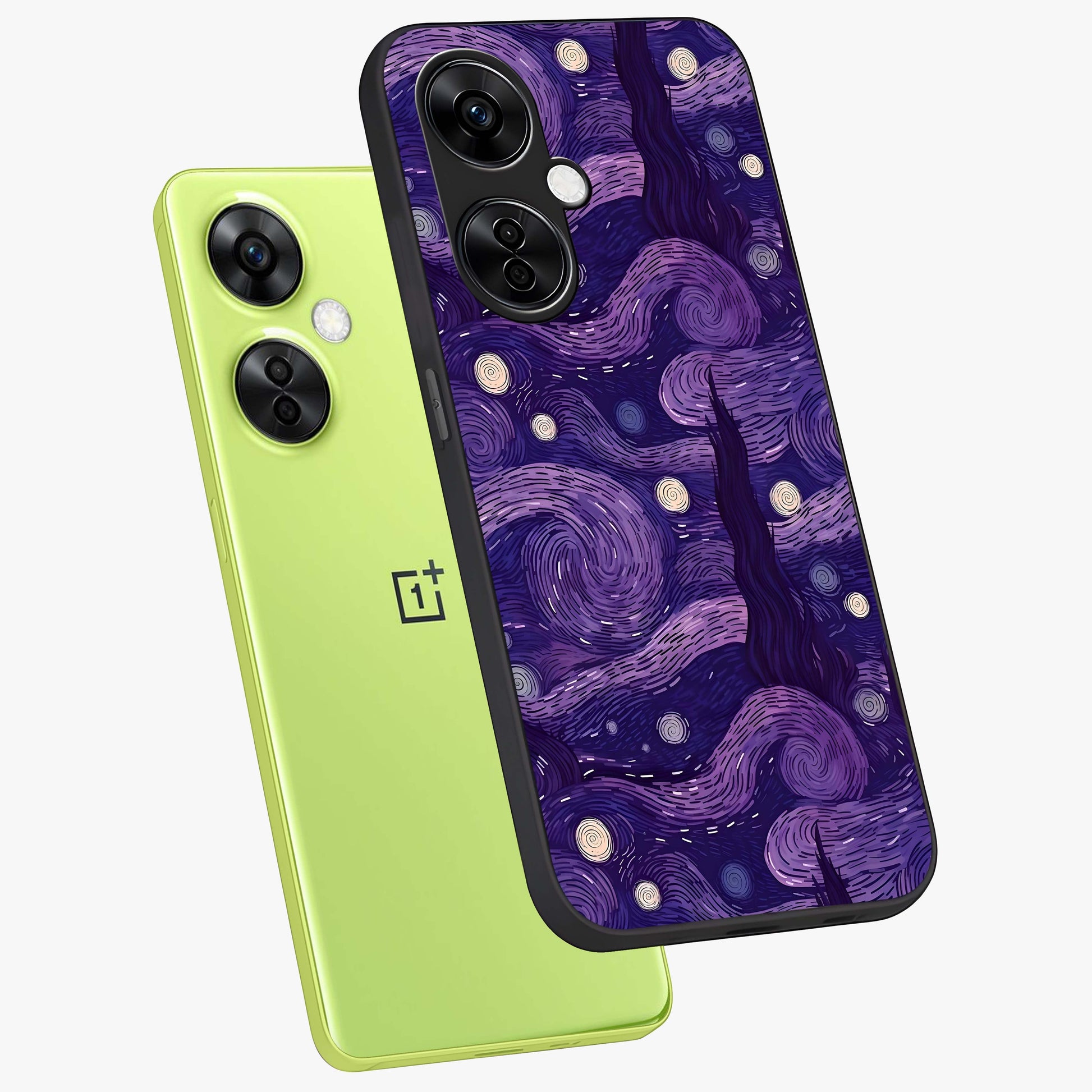 Purple Swirls Glass Case for 1+Nord CE 3 Lite angled mockup showcasing glossy finish and smooth gradient detailing