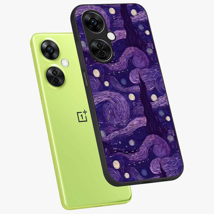 Purple Swirls Glass Case for 1+Nord CE 3 Lite angled mockup showcasing glossy finish and smooth gradient detailing