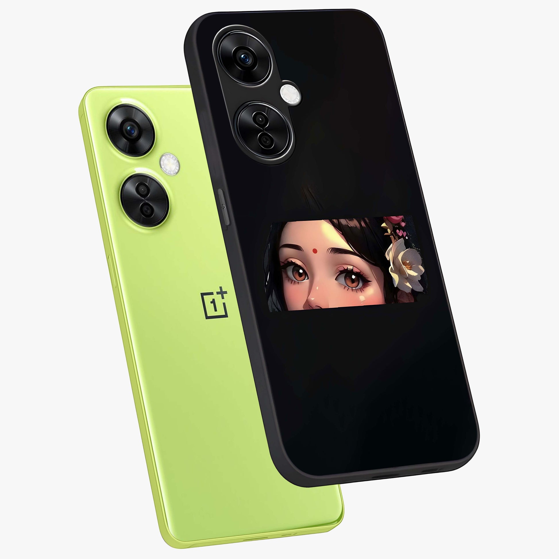 Radha Divine Embrace Glass Case for 1+Nord CE 3 Lite angled mockup showcasing glossy glass finish and vibrant spiritual tones