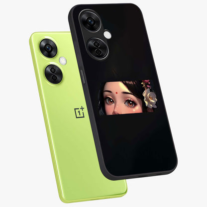 Radha Divine Embrace Glass Case for 1+Nord CE 3 Lite angled mockup showcasing glossy glass finish and vibrant spiritual tones