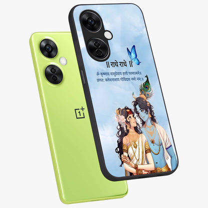 Radha Krishna Eternal Glass Case for 1+Nord CE 3 Lite angled mockup showcasing glossy finish and rich cultural tones
