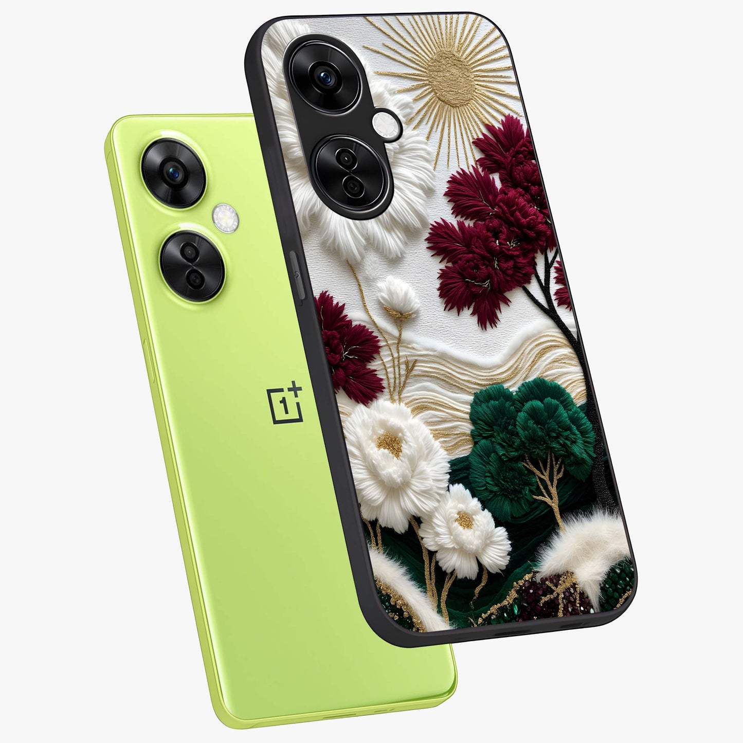 Radiant Bloom Elegance Glass Case for 1+Nord CE 3 Lite angled mockup showcasing glossy finish and refined bloom detailing