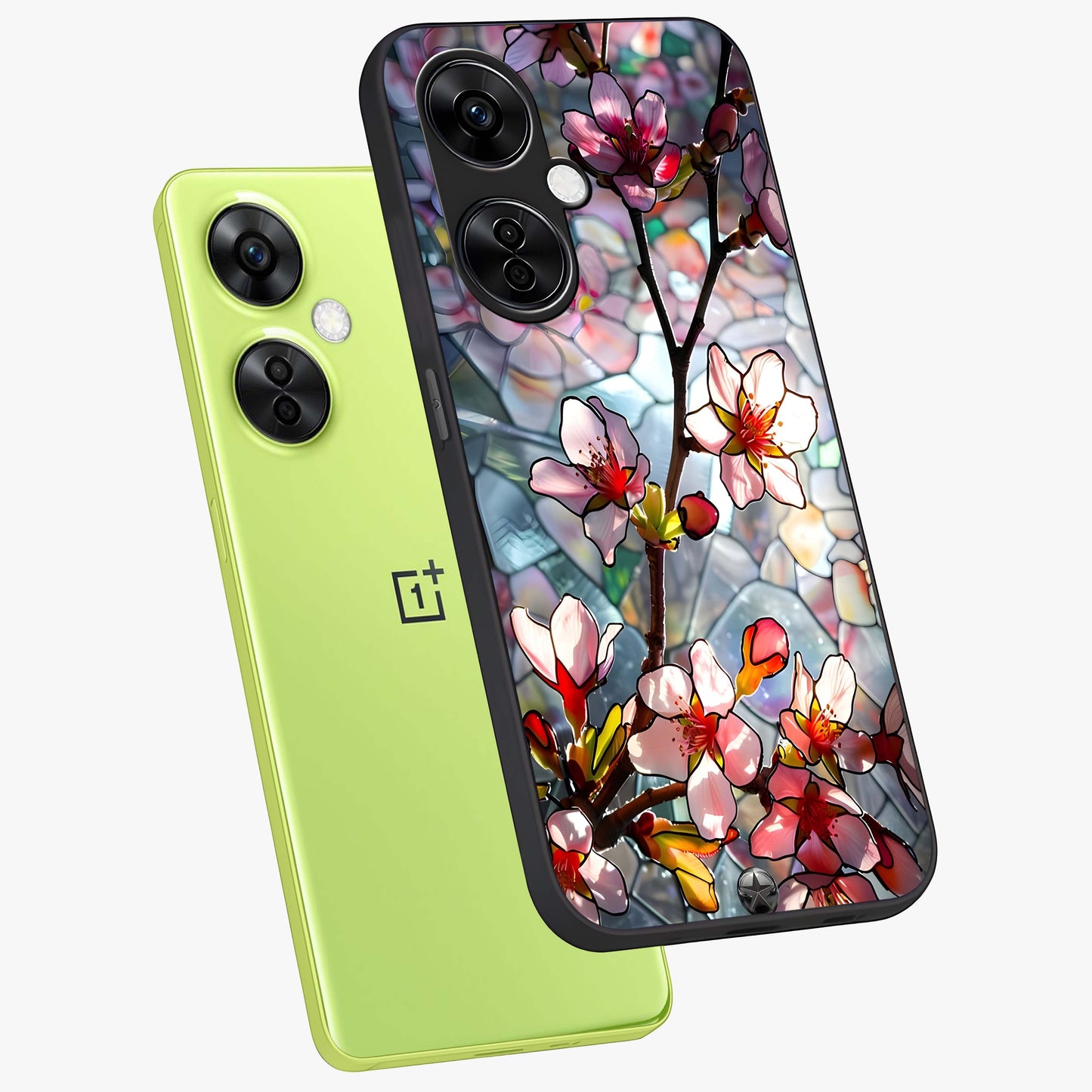 Radiant Bloom Glow Glass Case for 1+Nord CE 3 Lite angled mockup showcasing glossy finish and luminous detailing