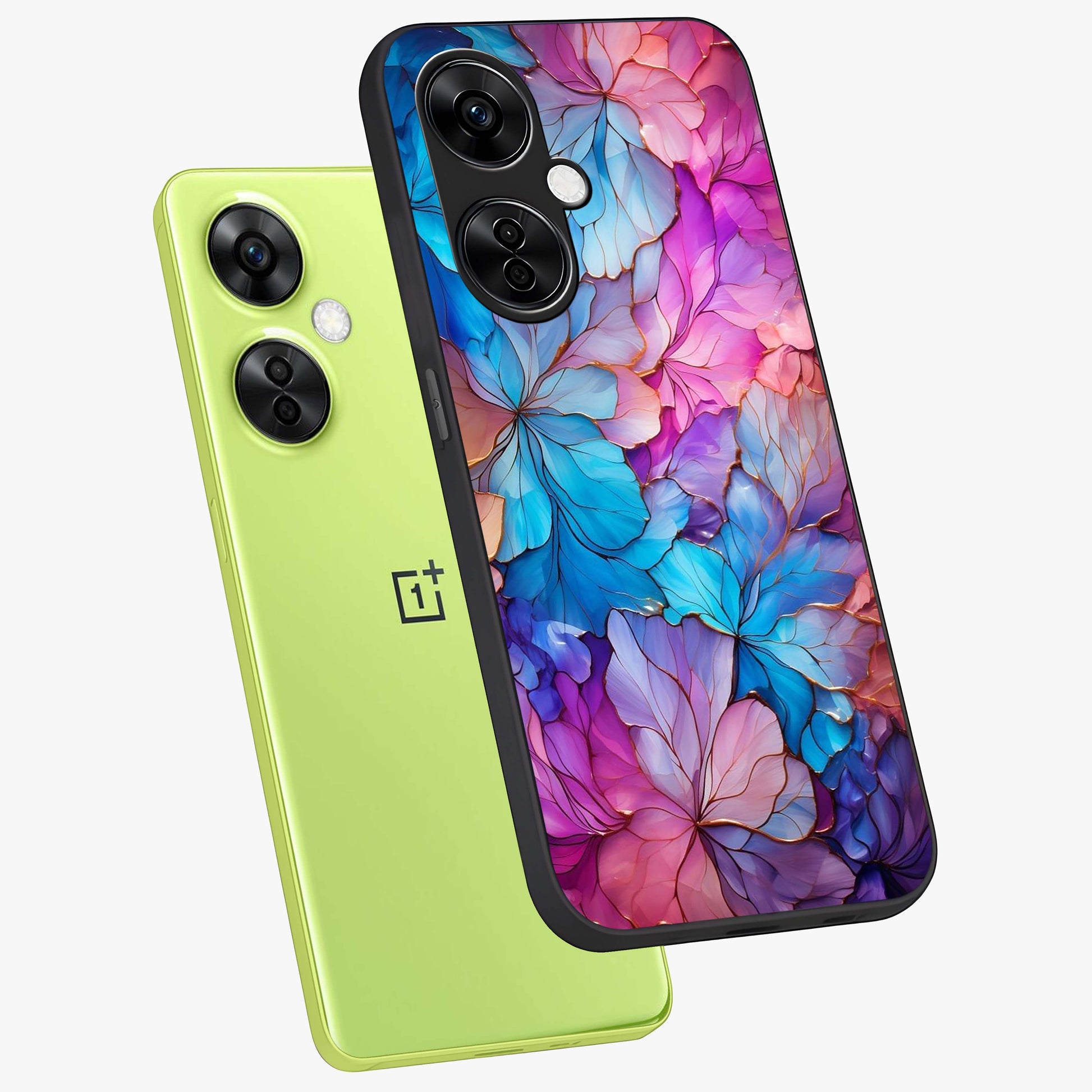 Radiant Floral Whirl Glass Case for 1+Nord CE 3 Lite angled mockup showcasing glossy finish and dynamic bloom tones