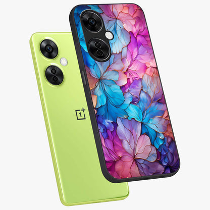 Radiant Floral Whirl Glass Case for 1+Nord CE 3 Lite angled mockup showcasing glossy finish and dynamic bloom tones
