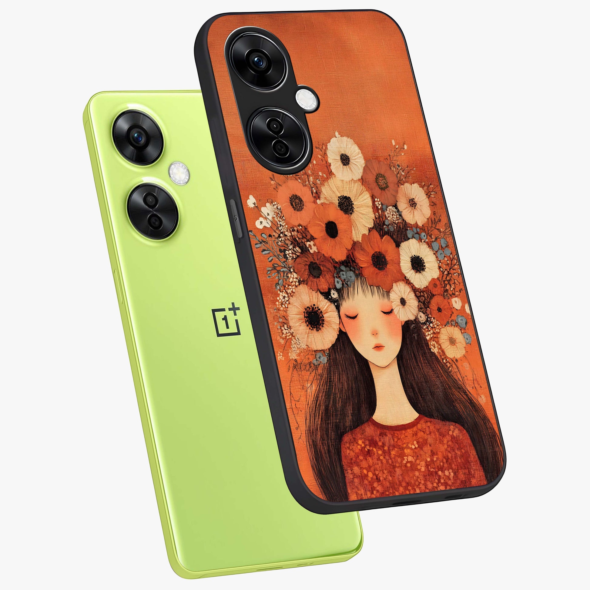 Radiant Flower Thoughts Glass Case for 1+Nord CE 3 Lite angled mockup showcasing glossy finish and pastel bloom detailing