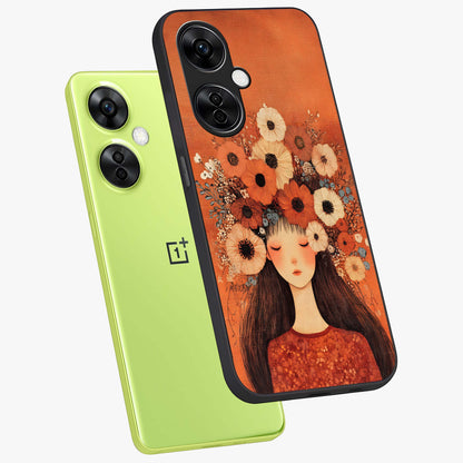 Radiant Flower Thoughts Glass Case for 1+Nord CE 3 Lite angled mockup showcasing glossy finish and pastel bloom detailing