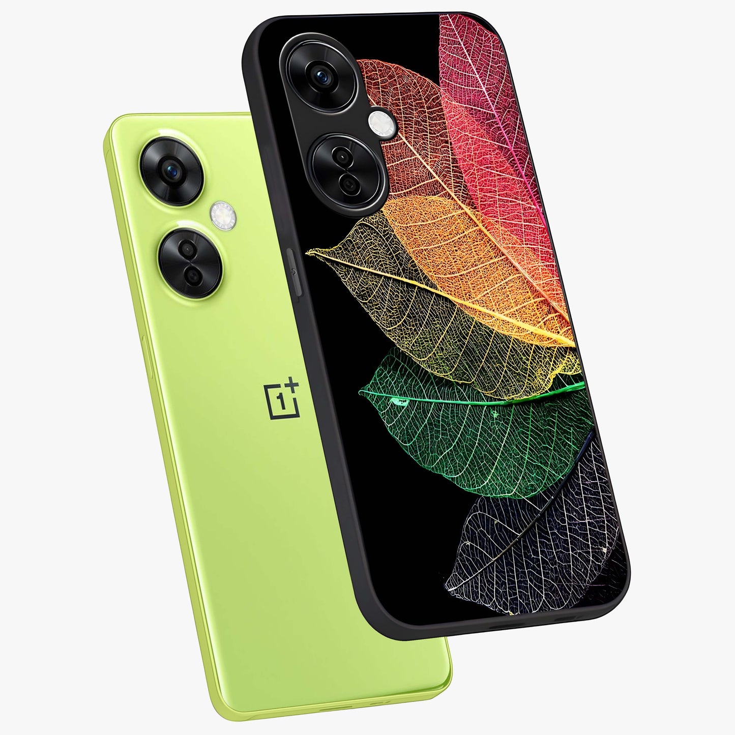 Rainbow Leaf Glow Glass Case for 1+Nord CE 3 Lite angled mockup showcasing glossy finish and radiant gradient tones