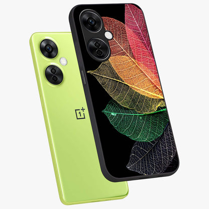 Rainbow Leaf Glow Glass Case for 1+Nord CE 3 Lite angled mockup showcasing glossy finish and radiant gradient tones