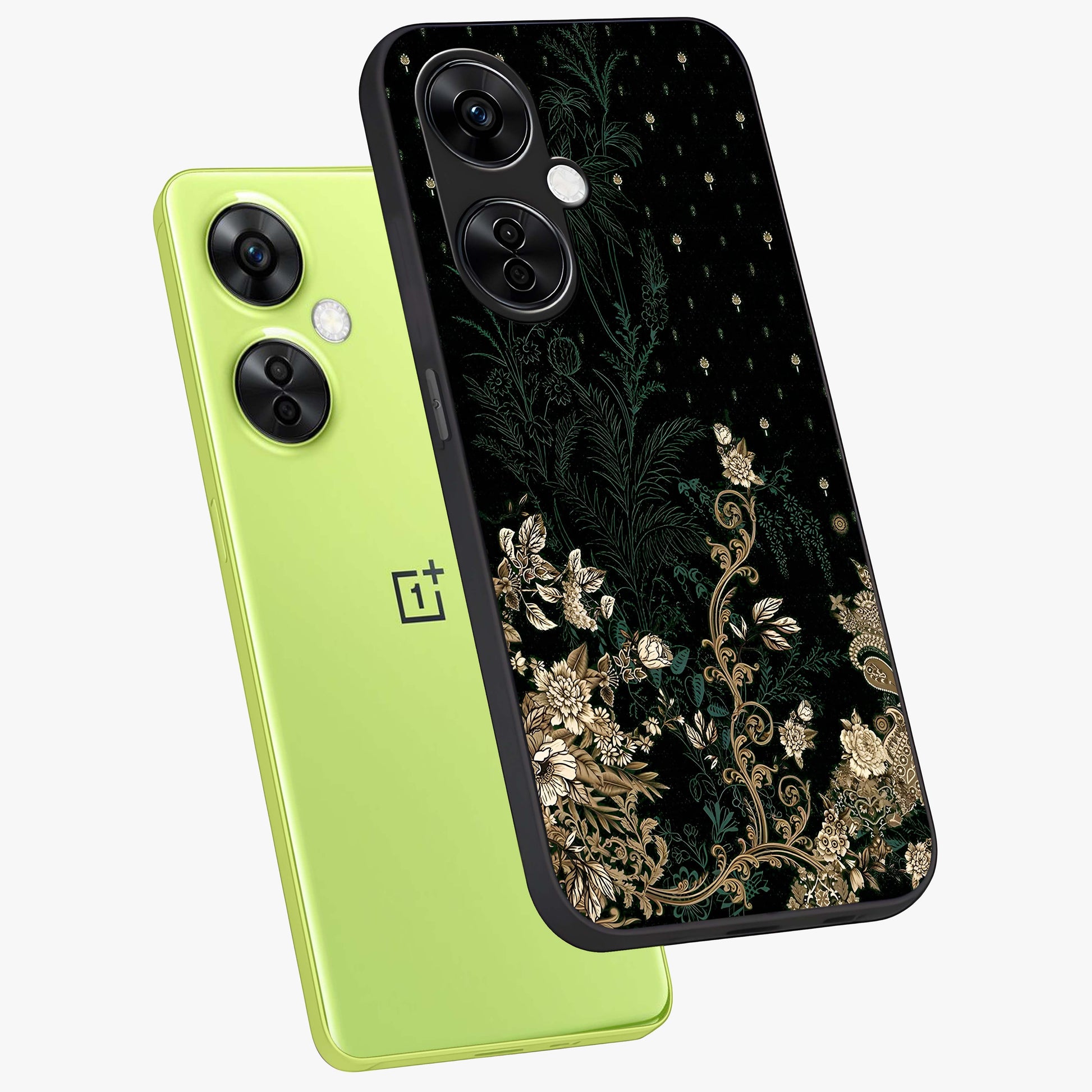 Regal Botanical Tapestry Glass Case for 1+Nord CE 3 Lite angled mockup showcasing glossy finish and rich heritage tones