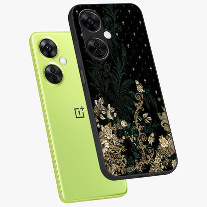 Regal Botanical Tapestry Glass Case for 1+Nord CE 3 Lite angled mockup showcasing glossy finish and rich heritage tones