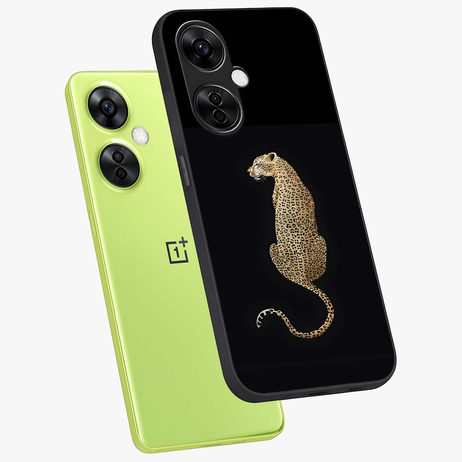 Regal Leopard Glass Case for 1+Nord CE 3 Lite angled mockup showcasing glossy glass finish and detailed animal textures