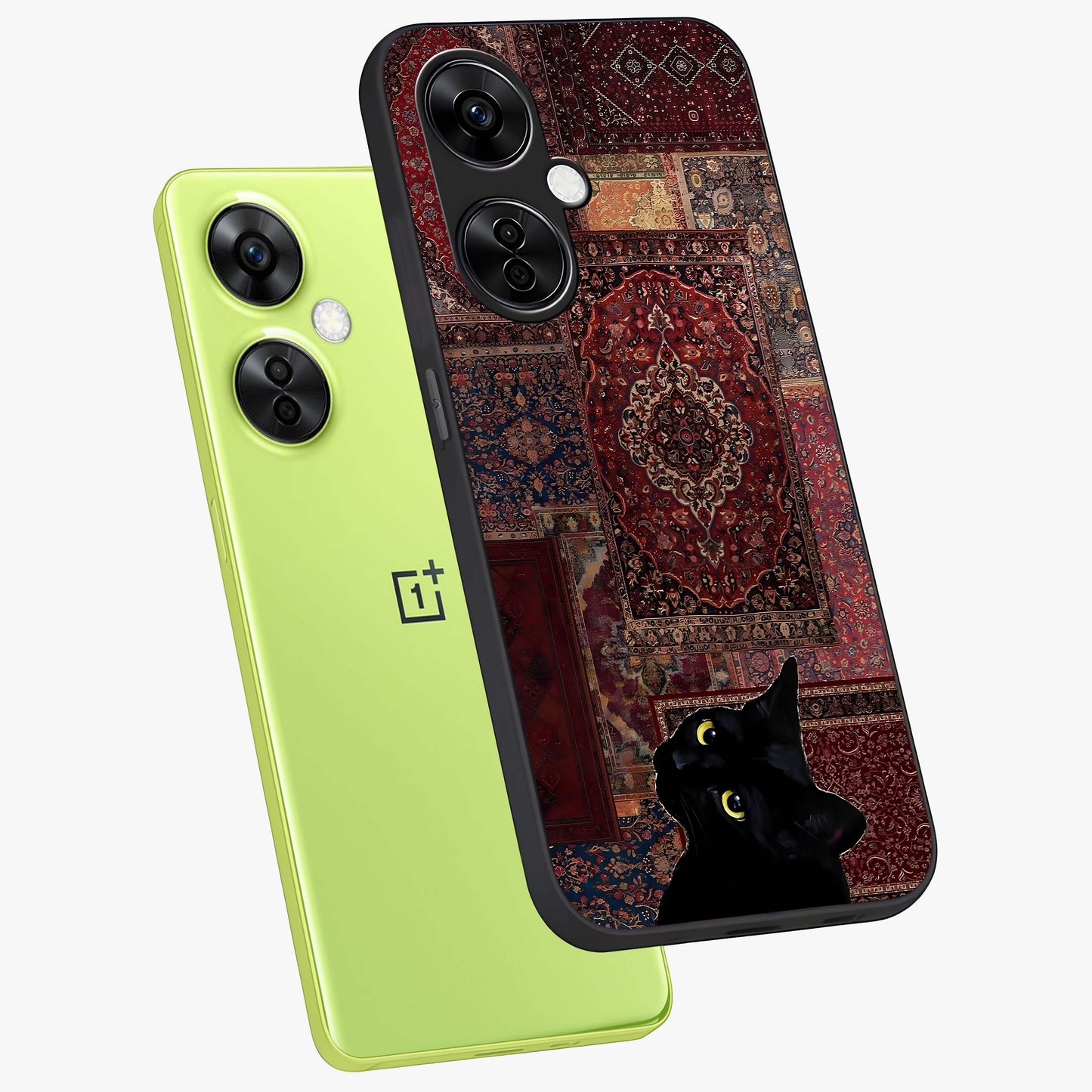 Regal Magic Cat Apple Glass Case for 1+Nord CE 3 Lite angled mockup showcasing glossy finish and vibrant illustration detailing