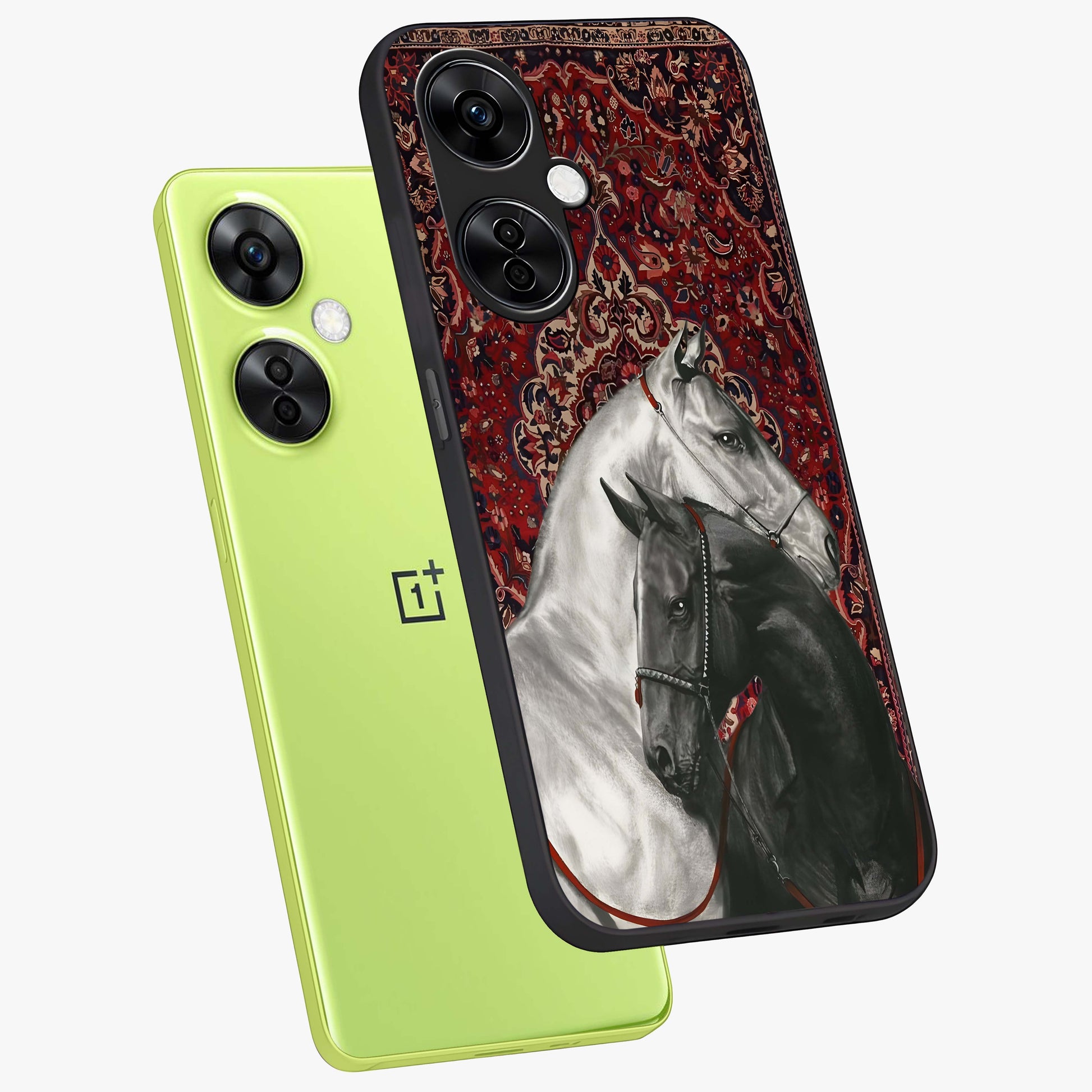 Regal Stallion Tapestry Glass Case for 1+Nord CE 3 Lite angled mockup showcasing glossy finish and rich ornamental tones