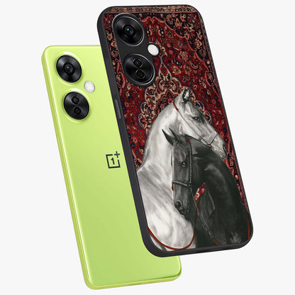 Regal Stallion Tapestry Glass Case for 1+Nord CE 3 Lite angled mockup showcasing glossy finish and rich ornamental tones