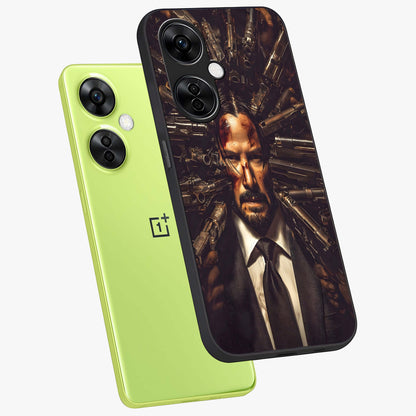 Relentless Shadow Assassin Glass Case for 1+Nord CE 3 Lite angled mockup showcasing glossy finish and dramatic shadow detailing