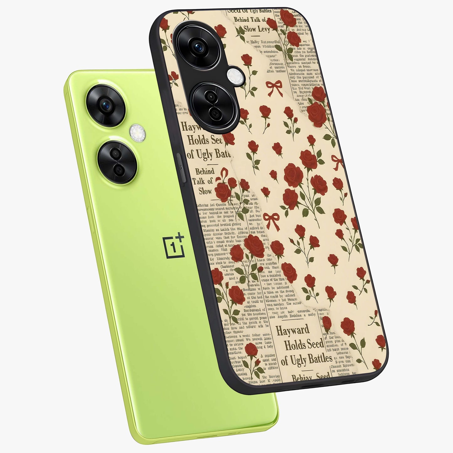 Retro Rose Journal Glass Case for 1+Nord CE 3 Lite angled mockup showcasing glossy finish and soft romantic tones