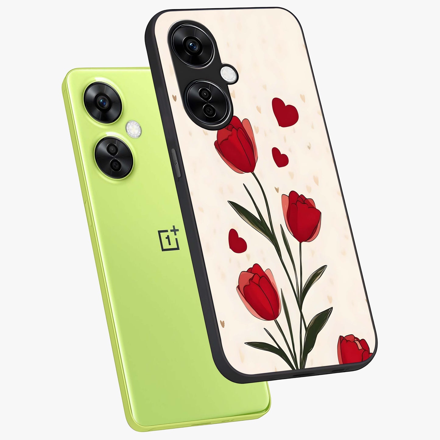 Romantic Tulip Hearts Glass Case for 1+Nord CE 3 Lite angled mockup showcasing glossy glass finish and soft romantic tones