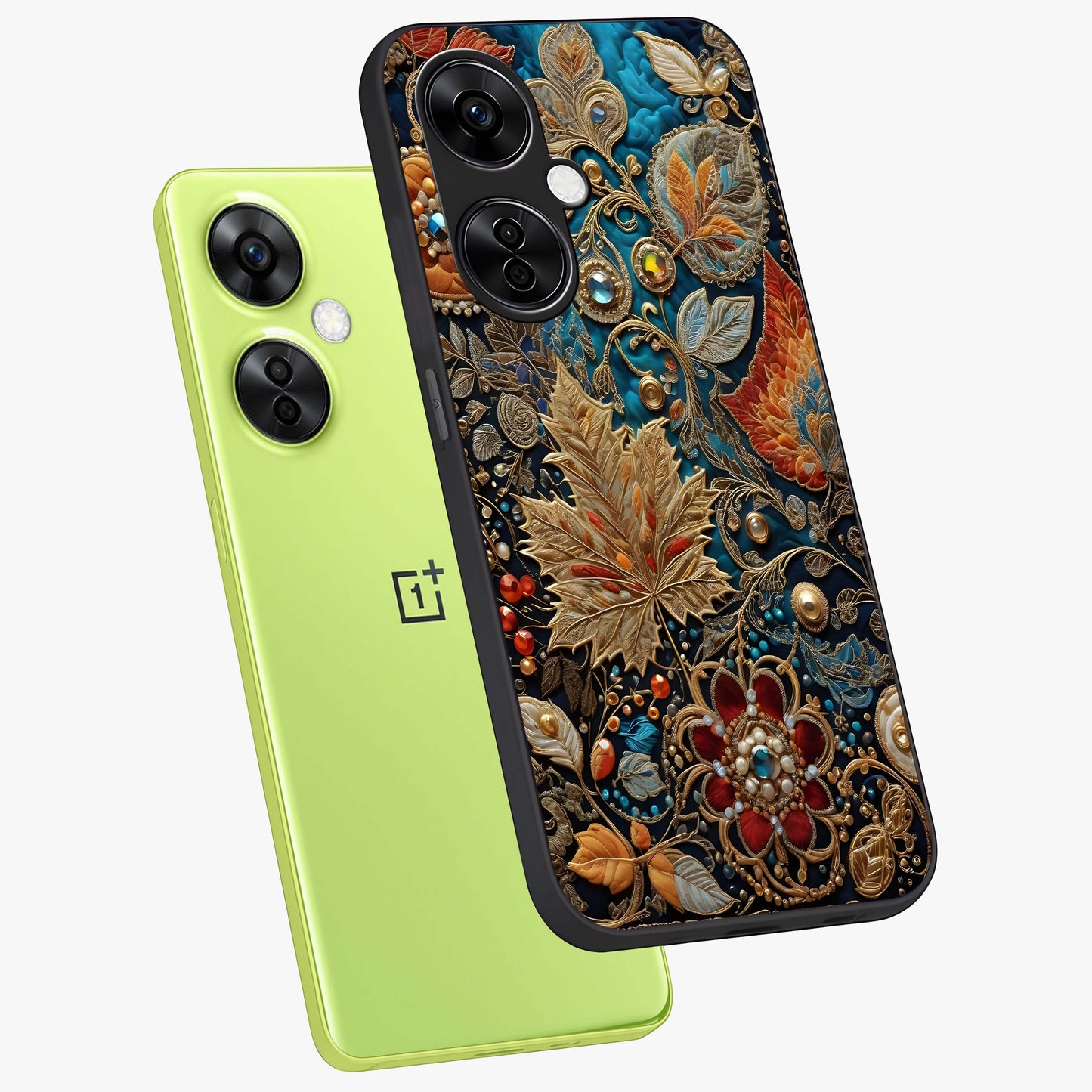 Royal Jewel Garden Glass Case for 1+Nord CE 3 Lite angled mockup showcasing glossy finish and rich vibrant tones