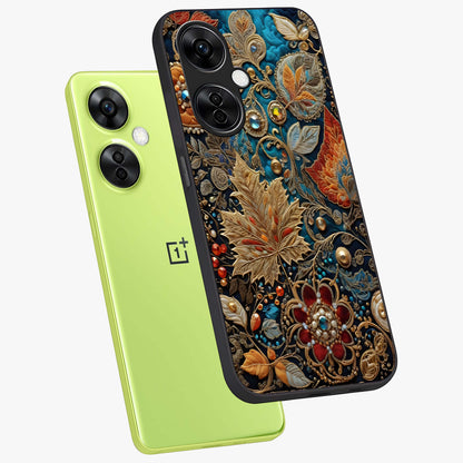 Royal Jewel Garden Glass Case for 1+Nord CE 3 Lite angled mockup showcasing glossy finish and rich vibrant tones