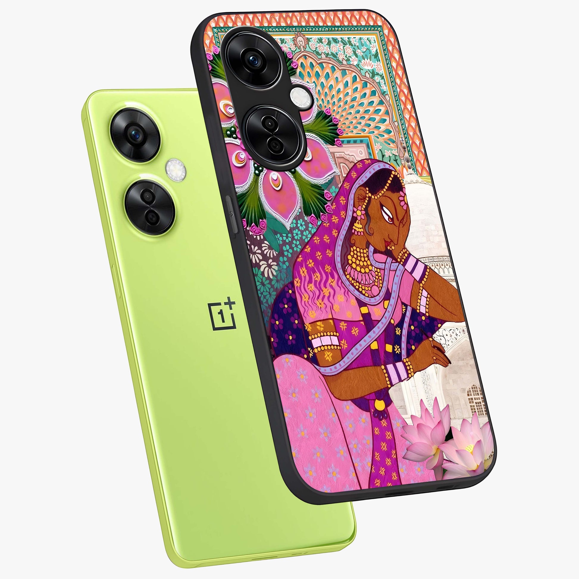 Royal Lotus Muse Glass Case for 1+Nord CE 3 Lite angled mockup showcasing glossy finish and refined floral tones