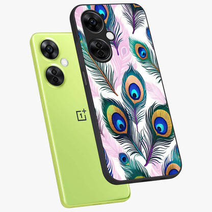 Royal Peacock Feathers Glass Case for 1+Nord CE 3 Lite angled mockup showcasing glossy finish and rich blue green tones
