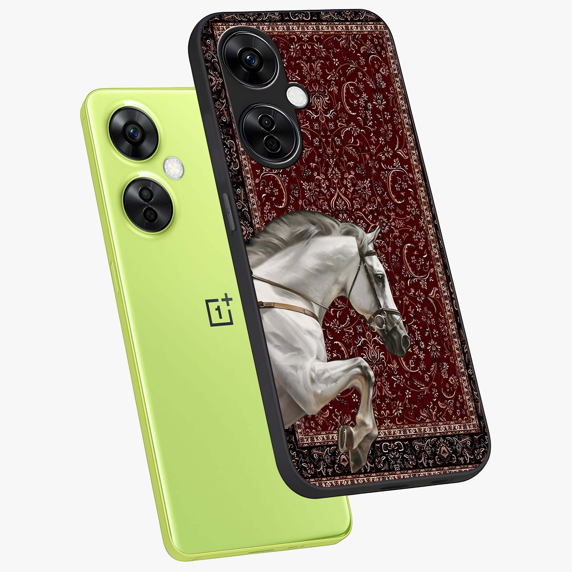 Royal Rider Tapestry Glass Case for 1+Nord CE 3 Lite angled mockup showcasing glossy finish and heritage inspired detailing
